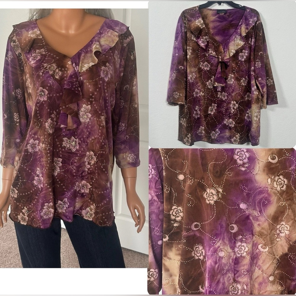 Vintage Y2K Floral‎ Ruffled Tunic Top Fairy Artsy Whimsy Goth 2X Brittany Black